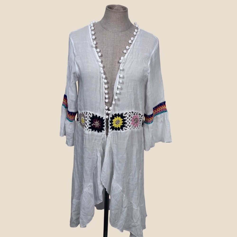 White Swim Cover Up Crochet Floral Pom Pom Bell Sleeve Boho Beach Resort Vacay